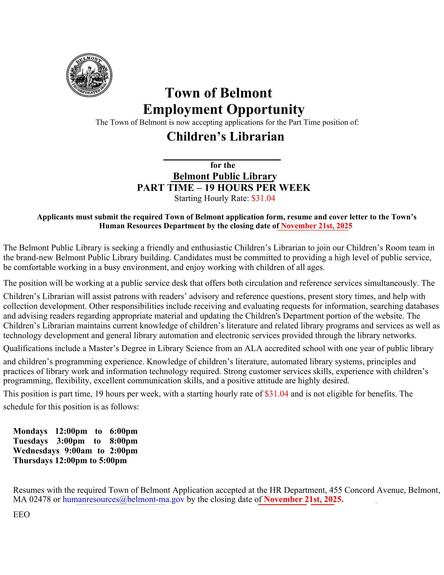 Part Time Children's Librarian Oct 2025 Application Information