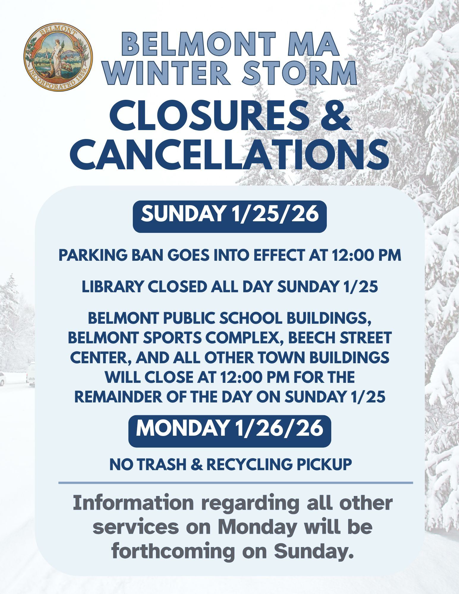 Jan 2026 Belmont MA Closures and Cancellations Flyer
