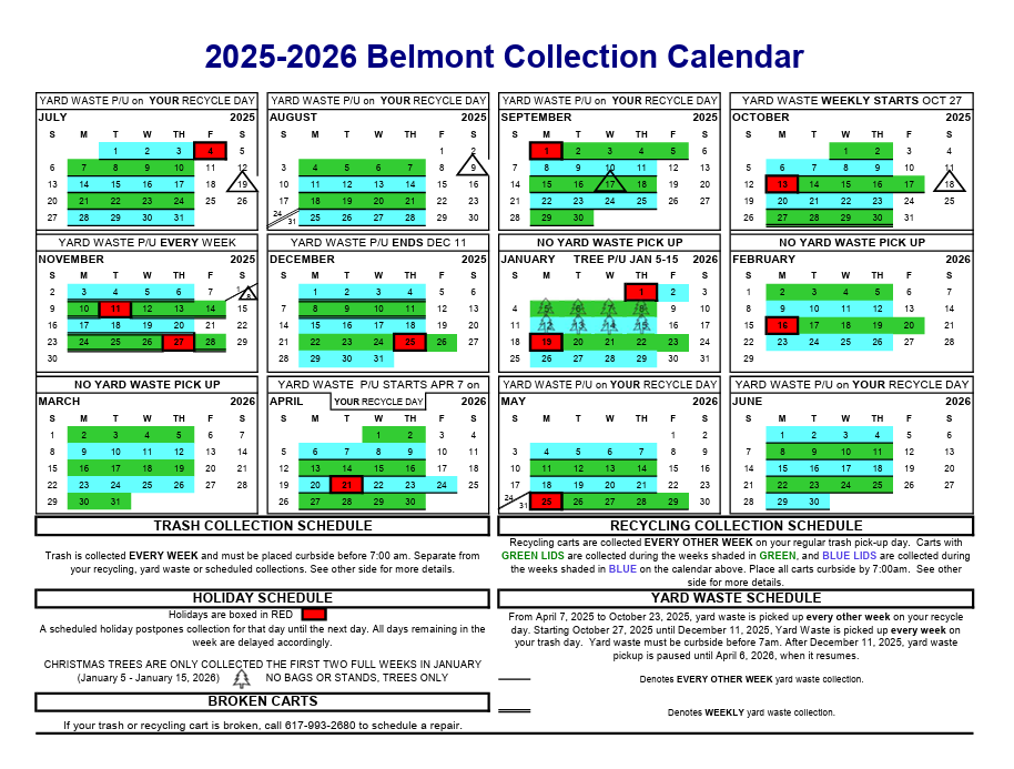 Trash, Recycling, Waste Collection Calendar (PRINTABLE PDF) Belmont FY26